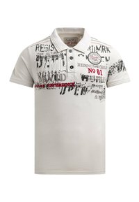 Short-sleeve white polo shirt with button placket, featuring black and red graphic prints and text, textured collar, and ribbed accents.
