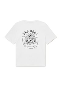 Witte katoenen t-shirt met een grafisch ontwerp op de achterkant, inclusief de tekst "LES DEUX" en cirkelvormige accenten. Korte mouwen, reguliere pasvorm.