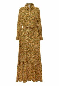 Robe maxi florale avec un col, des manches longues, un boutonnage à l'avant, une ceinture à la taille et un ourlet à volants et à étages en jaune et vert.