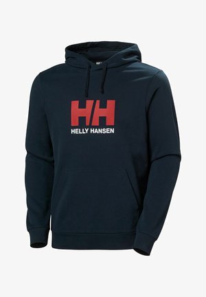 Navyblauwe hoodie van zachte stof, met een voorste kangoeroe zak, een verstelbare trekkoordkap en een groot rood-wit Helly Hansen logo.