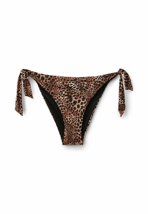 Braguitas de bikini con estampado de leopardo y lazos laterales, con forro interior negro, colocadas planas sobre un fondo blanco.