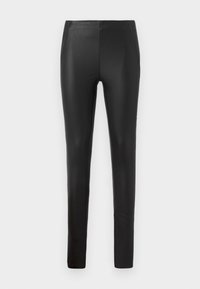 Pantalons en simili cuir noir à coupe slim, dotés de poches latérales, d'une texture lisse et d'un design épuré et minimaliste. Pas de détails matériels visibles.