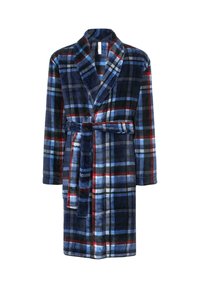Bata de baño de cuadros en azul, navy y rojo. Hecha de tela suave y esponjosa. Presenta un cuello tipo chal, mangas largas y un cinturón en la cintura para cerrar.