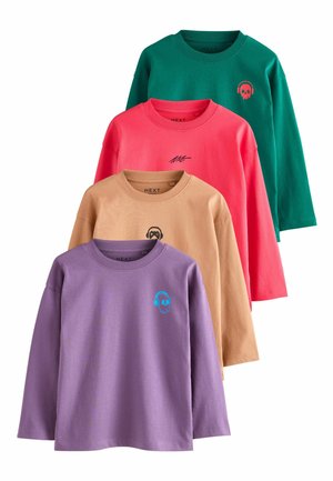 Vier Langarm-Cotton-T-Shirts gestapelt, in einer Farbpalette aus Grün, Koralle, Beige und Lila, mit Totenkopf-Grafiken und gestickten Akzenten.