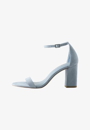 Light blue suede women's sandal with a block heel, ankle strap with buckle, and an open toe strap.