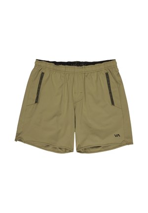Shorts beige à taille élastique avec deux poches latérales bordées de noir, petit logo noir "VA" sur la jambe gauche, et ourlet légèrement incurvé.