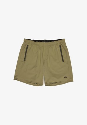 Shorts beige à taille élastique avec deux poches latérales bordées de noir, petit logo noir "VA" sur la jambe gauche, et ourlet légèrement incurvé.