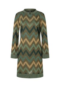 Knit dress featuring a zigzag pattern in green and brown tones, with long sleeves and a round neckline. Textured fabric with sheen.