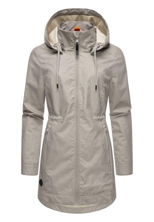 Light grey, waterproof jacket with a hood, zip front, adjustable drawstrings, and side pockets. Smooth texture with a matte finish.