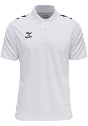 Hvid polo shirt lavet af åndbart stof, med en krave med to knapper, sideslids og sorte logo- samt skulderdetaljer.