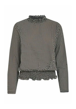 Sorte og hvide mønstrede langærmede top med en rynket mock-halsudskæring og indsamlet kant, der har et tekstureret stofdesign.