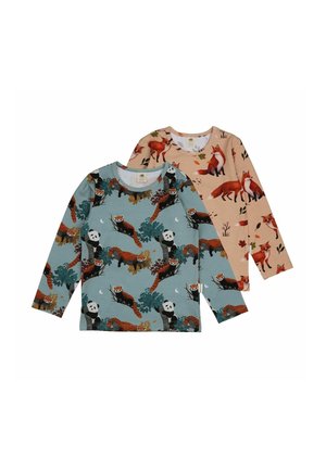 Two long-sleeve t-shirts: one blue with red panda and panda prints, and one peach with fox designs. Both have round necklines and soft fabric.