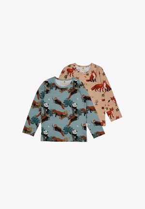 Two long-sleeve t-shirts: one blue with red panda and panda prints, and one peach with fox designs. Both have round necklines and soft fabric.