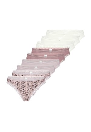 Set med kvinnors trosor i olika mjuka färger: rosa, ljusrosa, vitt och leopardmönster. Har spetskant och en bekväm passform.