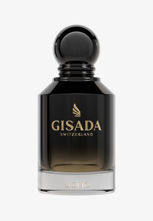 Zwart glazen parfumflesje met een ronde zwarte dop. Gouden merknaam "GISADA SWITZERLAND" en "UOMO" aan de onderkant. Verloopt van zwart naar transparant.