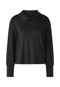 Schwarzer Pullover mit spitzem Kragen, langen Ärmeln und lockerer Passform. Hergestellt aus einem glatten, leichten Stoff mit dezenten Seitennähten.