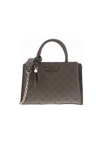 Sac à main marron foncé avec un motif de logo en relief, design structuré, doubles poignées supérieures et une bandoulière en chaîne amovible. Présente des accents en métal.