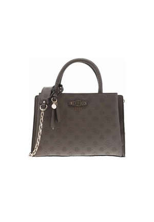 Sac à main marron foncé avec un motif de logo en relief, design structuré, doubles poignées supérieures et une bandoulière en chaîne amovible. Présente des accents en métal.
