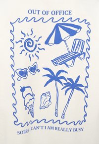 Μπλε γραμμικά σχέδια ήλιου, ομπρέλας παραλίας με ξαπλώστρα, γυαλιών ηλίου σε σχήμα καρδιάς, λιωτού παγωτού, κοχυλιού και φοίνικες με το κείμενο «Out of Office».