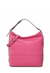 Borsa a spalla in pelle rosa con superficie texturizzata, tracolla regolabile e dettagli neri. Presenta un piccolo logo nella parte anteriore in basso.