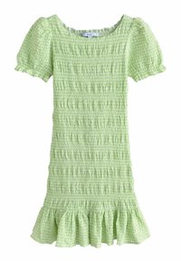Hellgrünes Kleid mit strukturiertem, gerafftem Design, kurzen Puff�ärmeln und einem Rüschensaum. Hergestellt aus weichem, dehnbarem Stoff.