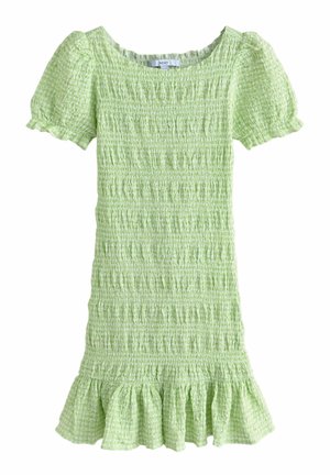 Ljusgrön klänning med en texturerad smockdesign, korta puffsärmar och en volangkant. Tillverkad av mjukt, stretchigt tyg.