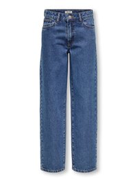 Blå denimjeans med rak ben-design, som har fem fickor, knappstängning framtill och kontrastsöm längs sömmarna.