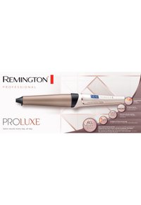 Remington PROLUXE locktång med en metallisk gyllenbrun trattformad barre, svart topp, digital visning, med Grip Tech-keramisk beläggning och temperaturkontroller.