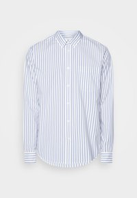 Button-up shirt met een lichtblauwe en witte verticale gestreepte patroon, lange mouwen, een afgeronde zoom en een borstzak. Gemaakt van katoen.