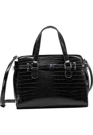 Sac à main noir en relief crocodile avec une surface brillante, deux poignées supérieures, une sangle d'épaule amovible et des détails en métal argenté.