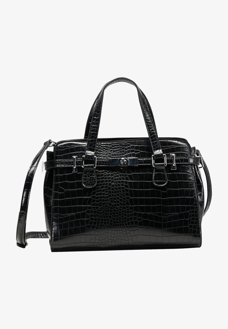 Black crocodile-embossed handbag with a shiny surface, dual top handles, a detachable shoulder strap, and a silver-tone clasp hardware detail.