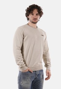 Maglione beige con scollatura tonda e polsini a coste. Presenta un piccolo emblema ricamato sul petto. Indossato con jeans blu sbiaditi.