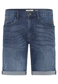 Shorts in denim di un blu scuro, con un classico design a cinque tasche, dettagli di whiskering e risvolti per una maggiore texture.