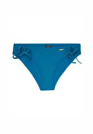 Turquoise bikini broekje gemaakt van gestructureerde stof, met zijbinders en een kleine gouden accent op de tailleband.