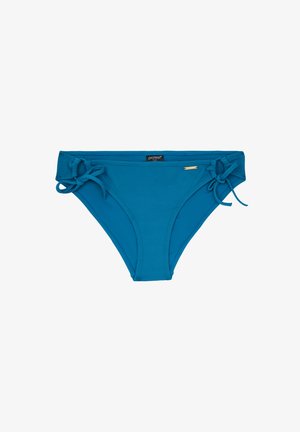 Turkizni bikini donji dio izrađen od teksturiranog materijala, s vezicama sa strane i malim zlatnim detaljem na struku.