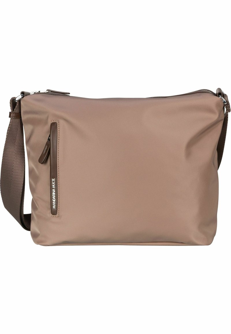 Beige synthetic crossbody bag with a textured finish, a zippered main compartment, and a front pocket; features a brown adjustable strap.