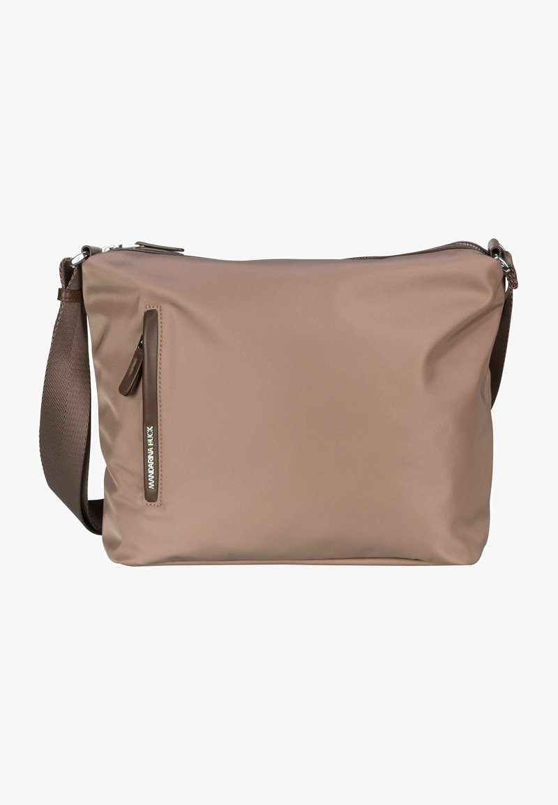 Beige synthetic crossbody bag with a textured finish, a zippered main compartment, and a front pocket; features a brown adjustable strap.