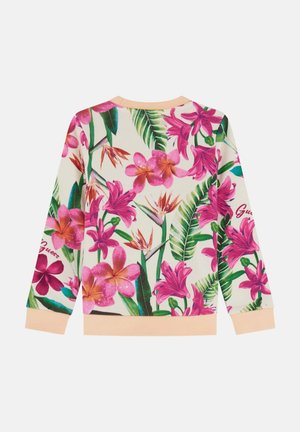 Hanorac floral cu un fundal crem, decorat cu flori mari roz și mov, frunze verzi și mânecile și gulerul de un portocaliu pal contrastant.