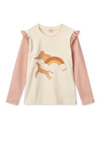 Langermet topp med kremfarget kropp, blush rosa ermer, volanger, og et motiv av en hest, regnbue og skyer i varme toner.