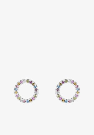 Ohrringe aus Schmuck in kreisförmigem Design, verziert mit mehrfarbigen Edelsteinen (rosa, blau, gelb, grün), in Silber gefasst.