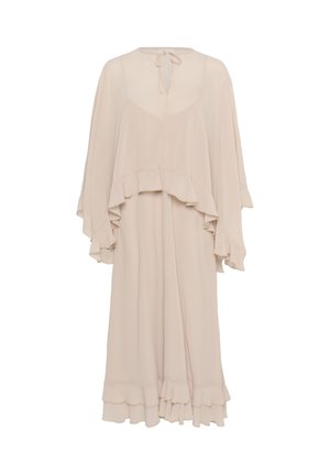 Beige maxikjole med et flydende, lagdelt design og flæser ved kanten og ærmerne. Lavet af letvægts, struktureret stof.