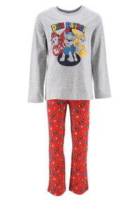 Paw Patrol Schlafanzug-Set mit einem grauen Langarmshirt mit Charaktergrafik und roten Hosen mit buntem Hundemuster. Aus einem Baumwollmischmaterial.