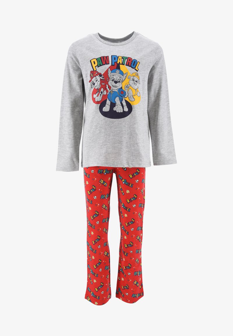Paw Patrol pajama set featuring a gray long-sleeve top with character graphic and red pants with colorful puppy-themed pattern. Cotton blend material.