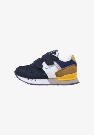 Kinderschuhe aus navyblauem Wildleder und Mesh-Obermaterial, mit weißen Akzenten, zwei Klettverschlüssen und einer mehrfarbigen Gummisohle.