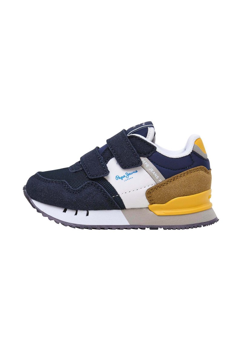Bērnu sneakers ar tumši zilu zamšu un audumu, baltām akcentiem, divām Velcro siksnām un daudzkrāsainu gumijas zolīti.