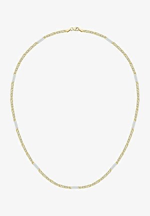 Halskette aus goldfarbenem Metall mit eingestreuten silbernen rechteckigen Akzenten, feinem Gliederdesign und sicherem Verschluss.