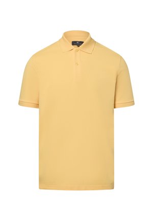 Kurzärmliges Poloshirt aus weichem gelben Stoff, mit klassischem Kragen, zwei-Knopf-Leiste und strukturierter Oberfläche.