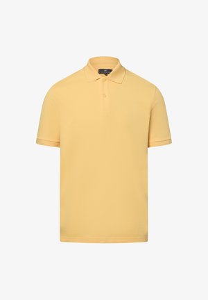 Kurzärmliges Poloshirt aus weichem gelben Stoff, mit klassischem Kragen, zwei-Knopf-Leiste und strukturierter Oberfläche.