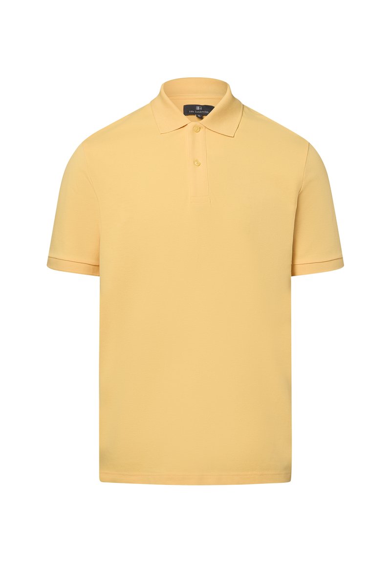 Kurzärmliges Poloshirt aus weichem gelben Stoff, mit klassischem Kragen, zwei-Knopf-Leiste und strukturierter Oberfläche.
