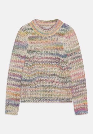 Pull en maille à manches longues aux teintes pastel douces en arc-en-ciel, avec une texture duveteuse et un col rond côtelé.